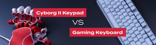 Blog header showing an Azeron Cyborg II Keypad on the left and a white gaming keyboard on the right, with 