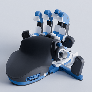 Black, blue and white Cyborg device on a light gray background