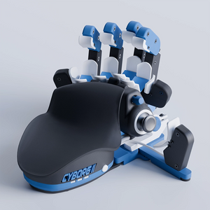 Dispositivo ciborg negro, azul y blanco sobre un fondo gris claro