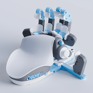 Gray, white and blue Cyborg device on a light gray background