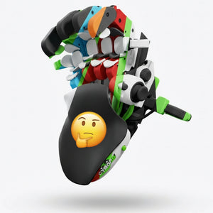 Colorful Cyborg with a thinking emoji on a white background