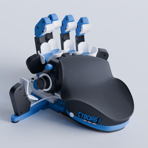Black, blue and white Cyborg device on a light gray background