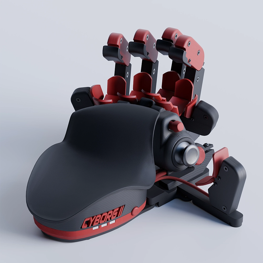 Azeron Cyborg II本体。手前にパームレスト、奥に人差し指・中指・薬指用の3本のタワーが立ち上がり、右側には親指用のサムスティックとダイヤルを備える
